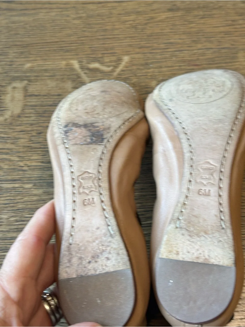 Tory Burch Minnie Travel Ballet Flats Nude Leather Logo Size 6M